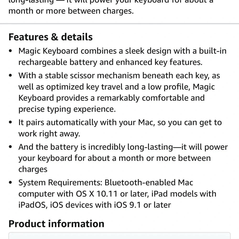 Apple Magic Keyboard for Mac iPad and iPhone Silver (charger not included)